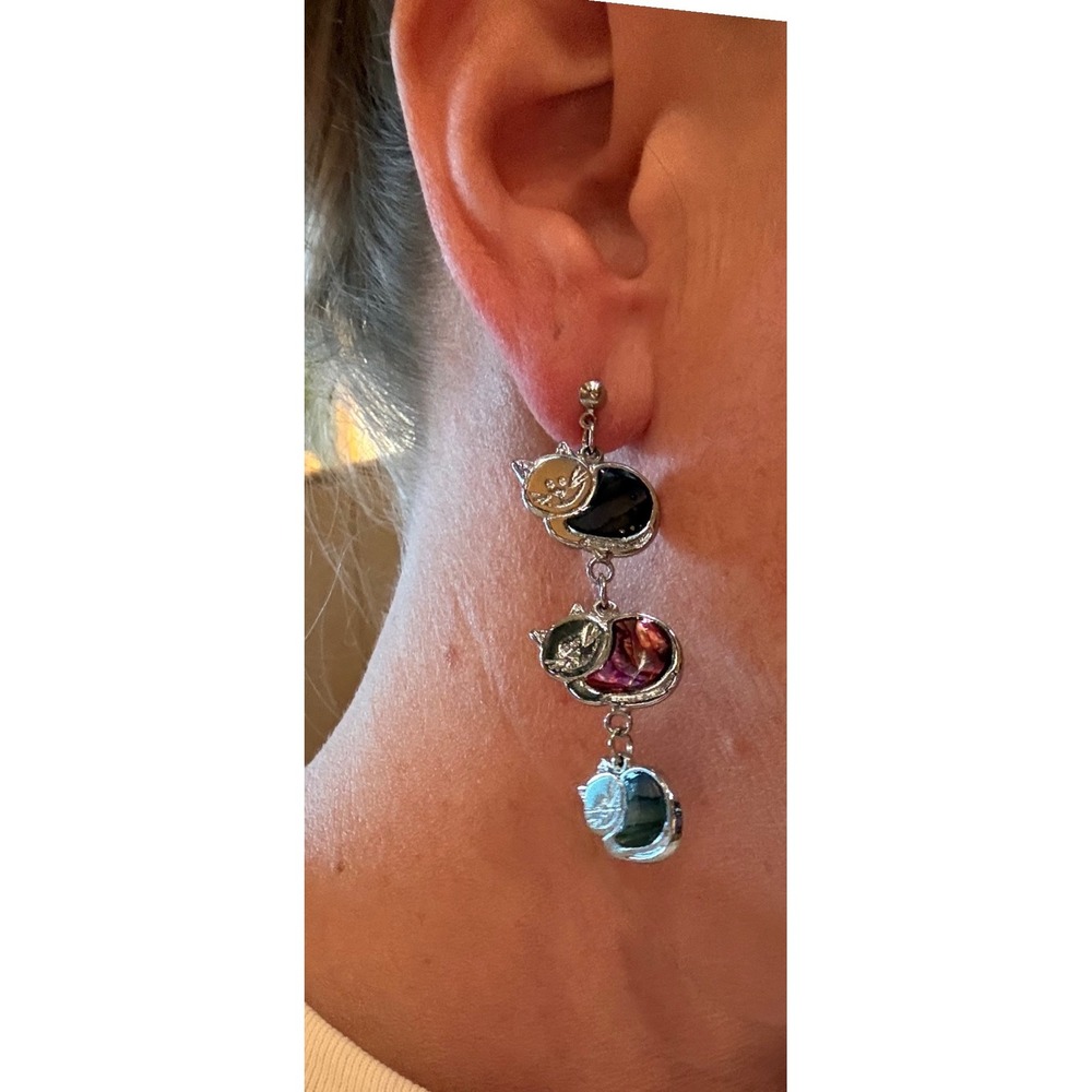 Silver Tone Triple Stacked Cat Dangle Earrings with Multicolor Abalone Inlay
